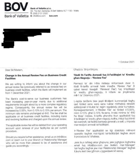 BOV annual review fee change
