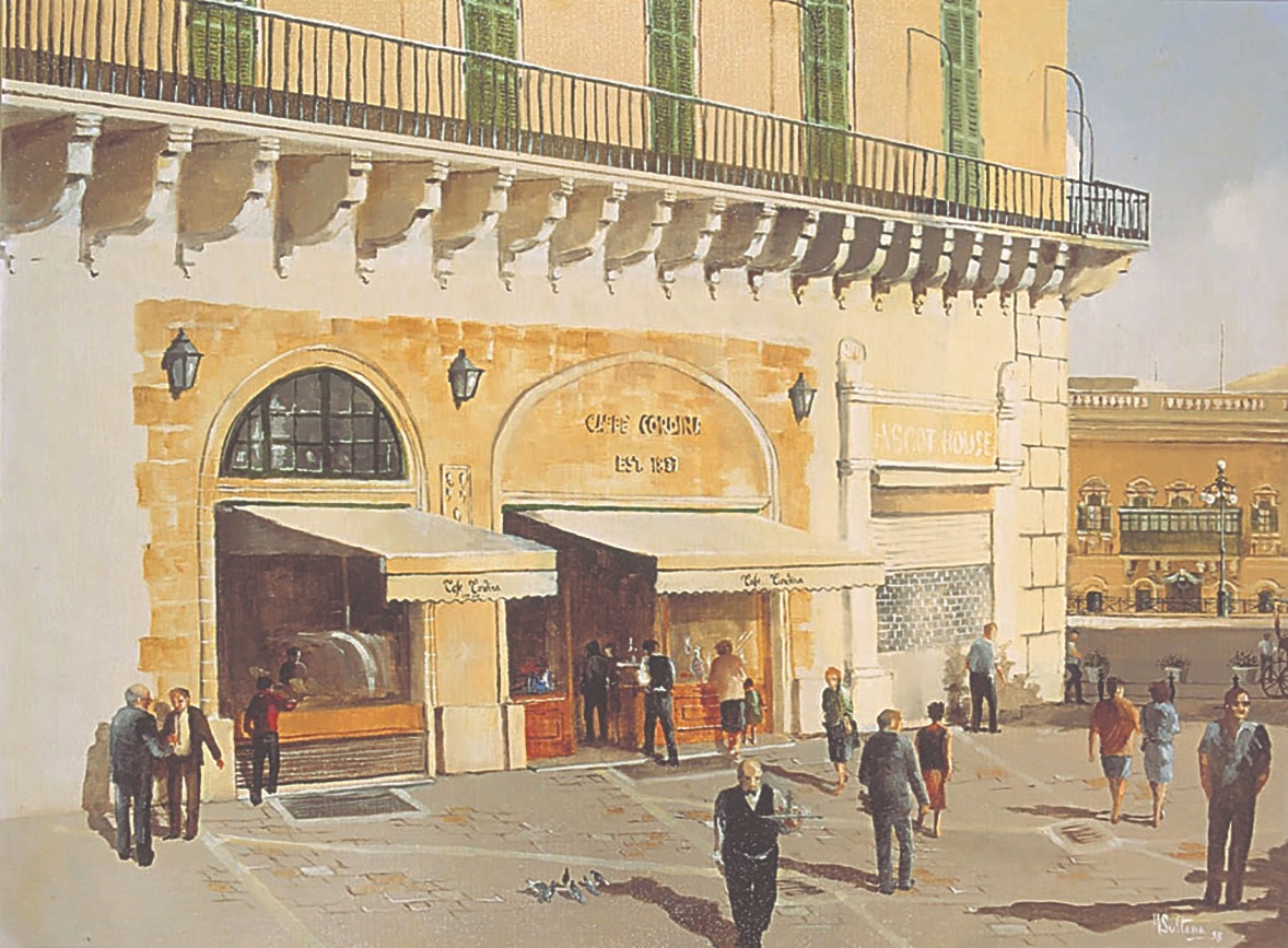 Painting of the façade of Caffe Cordina by local artist Arnold Sultana